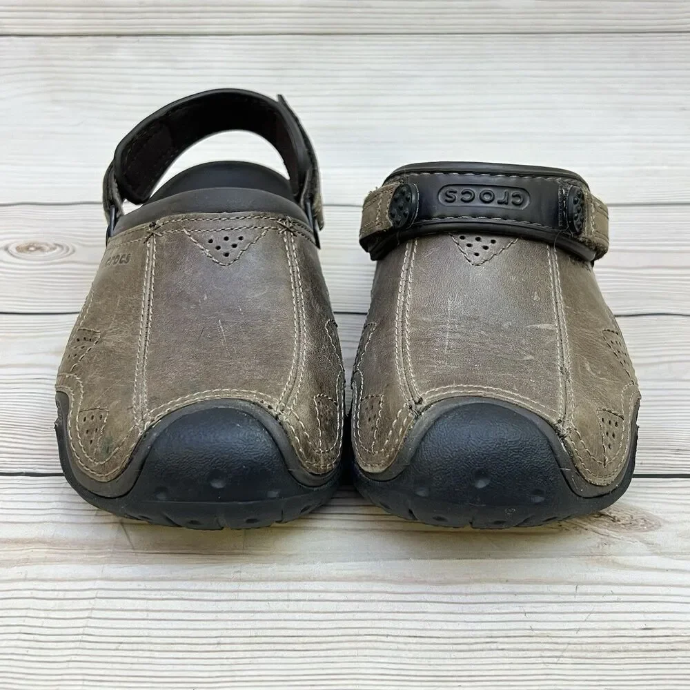 CROCS Swiftwater Sandals Mens 9 Brown Leather Slip-On Clogs Adjustable Strap